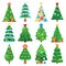 Flat green christmas trees. December holidays modern tree with snow leaves. Xmas spruce shapes vector illustration set
