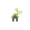 Flat grey home with green leaves. Simple silhouette of the house with green roof and chimney. Icon