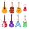 Flat guitar instrument. Ukulele, acoustic classical and rock electric guitars. String music instruments isolated vector