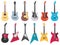 Flat guitars. Electric rock guitar, acoustic jazz and metal strings music instruments flat vector illustration set