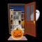 Flat halloween door with angry glowing pumpkin and a Ghost hiding. Open door into autumn starry night view with yellow trees.