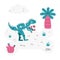 Flat hand drawn vector scene with dinosaur palm cactus grass bone and cloud
