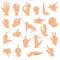 Flat hand gestures. Pointing human finger gesture, open hand signal. Arm communication attention signs vector collection