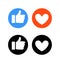 Flat hand and heart, signs of reaction in social networks. Dislike emoticon, round blue symbol thumbs up, red icon with
