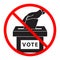 Flat hand putting vote bulletin into ballot box icon is crossed out with a red STOP sign. Election concept