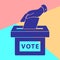 Flat hand putting vote bulletin into ballot box icon. Election concept