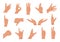 Flat hands. Cartoon human hands showing thumbs up, pointing and greeting. Vector isolated collection of arms gestures
