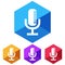 Flat, hexagon microphone white silhouette icon. Four color variations