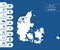 Flat high detailed Denmark map. Divided into editable contours of administrative divisions. Vacation and travel icons.