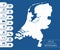 Flat high detailed Netherlands map. Divided into editable contours of administrative divisions. Vacation and travel icons.