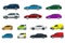 Flat high quality city transport car icon set. Sedan, van, cargo truck, off-road. Urban public and freight transport for
