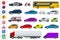 Flat high-quality city transport cars and road signs icon set. Side view sedan, van, cargo truck, off-road, bus, scooter