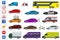 Flat high-quality city transport cars and road signs icon set. Side view sedan, van, cargo truck, off-road, bus, scooter