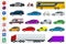 Flat high-quality city transport cars and road signs icon set. Side view sedan, van, cargo truck, off-road, bus, scooter