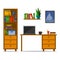 Flat home or office workplace with table, bookcase, shelf. Modern trendy design for card, web site, banner, brochure for