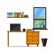 Flat home or office workplace with table, bookcase, shelf. Modern trendy design for card, web site, banner, brochure for