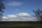 Flat horizon. Horizontal country landscape with sky, big clouds, grass and trees.