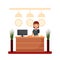 Flat hotel reception desk with young woman receptionist. Girl manager standing, business office concept. Welcome