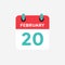 Flat icon calendar 20 of February. Date, day and month.