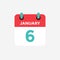 Flat icon calendar 6 January. Date, day and month.