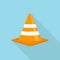 Flat icon with cone road sign. Safety sign. Flat vector icon on blue background with shadow