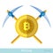 Flat icon with crossed picks and bit coin in center. Mining bit coin business illustration isolated