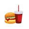 Flat icon of delicious burgers and fast food drinks