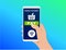 Flat icon - easy payment order using your mobile phone. The hand holds the smartphone on the screen basket payment button.