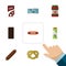 Flat Icon Eating Set Of Packet Beverage, Cookie, Kielbasa And Other Vector Objects. Also Includes Bratwurst, Tomato