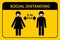 Flat icon man and woman wearing protective in medical face protection mask.People standing keep safe distance 2 meter.Sign and