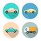 Flat icon set for transportation,car,truck,pickup truck,vintage car in circle background,vector illustrations