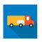 Flat icon in simple style. Mail truck delivers post. A red cab and a yellow body as parcel with tag recipient on a blue background