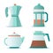 Flat icon with teapots, french press for making coffee and tea on white background for concept design. Vector