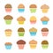 Flat icons of chocolate and fruit muffins, homemade cakes, vector