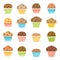 Flat icons of chocolate and fruit muffins, homemade cakes, vector