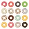 Flat icons of glazed colorful donuts, vector