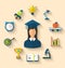 Flat icons of graduation and objects for high school and college