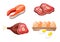 Flat icons of meat, fish and eggs, animal sources of protein. High protein foods set on white