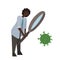 Flat illustration of a african doctor studying the coronavirus molecule through magnifying glass. Black scientist are studying