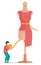 Flat illustration of atelier, sewer take measurements of dress on huge mannequin, sewing workshop