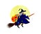 Flat illustration of Befana flying on a broom with a bag on her back.