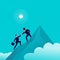 Flat illustration with business people climbing together on mountain peak top on blue clouded sky background.