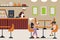 Flat illustration of a cafe. Customers sitting at a table, barista wiping down the counter