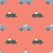 Flat illustration cars seamless pattern on coral background
