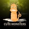 Flat illustration cartoon cute yellow monster snake with spots crawling in a beam of light mirror lettering