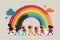 Flat illustration, children walk calmly and safely with a colorful rainbow in the background. Ai generated