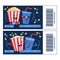 Flat illustration cinema tickets with cartoon movie popcorn and soda