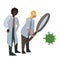 Flat illustration of a couple of international doctors studying the coronavirus molecule through magnifying glass. Scientists
