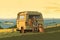 Flat illustration of fun family camping road trip by wheel caravan