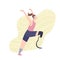 Flat illustration of happy girl runner with prosthetic leg. Marathon runner at the finish. Stylized strong athletic woman. Sport